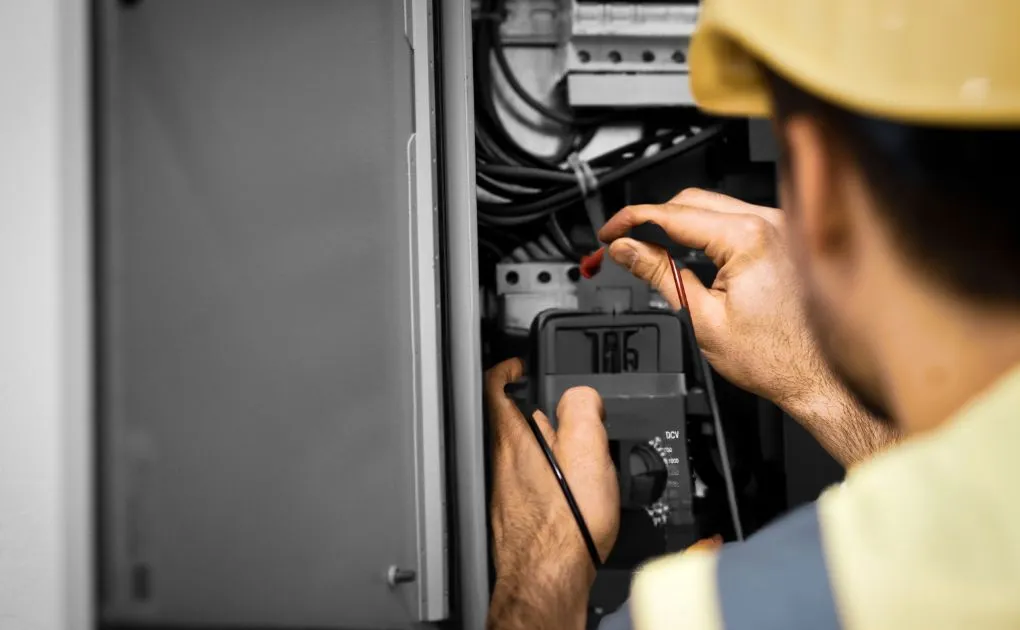 A man in a hard hat working on an electrical panel.