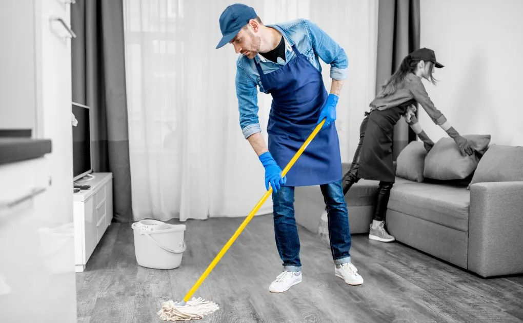 A man in a blue apron is cleaning a living room.