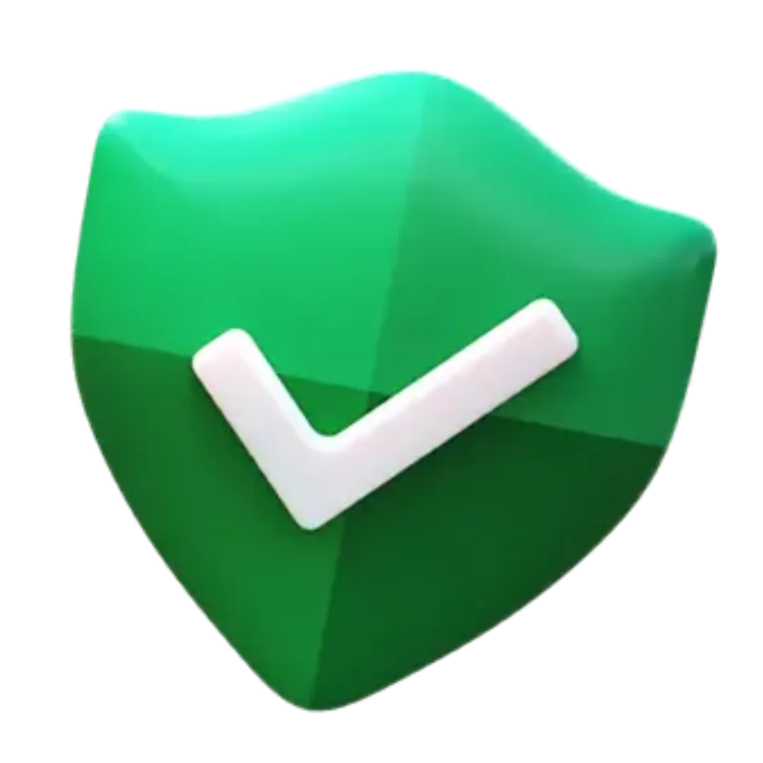 A green shield with a check mark on it.