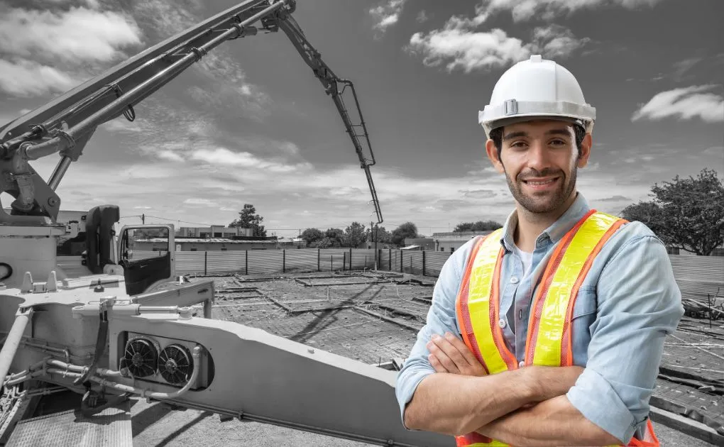 A man in a hard hat and safety vest standing in front of a construction site.