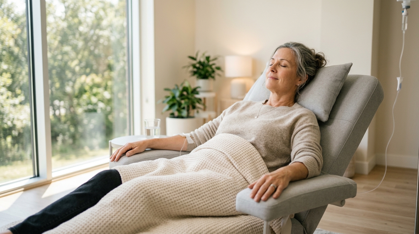 Relaxed woman resting calmly in a bright wellness clinic after a stellate ganglion block procedure