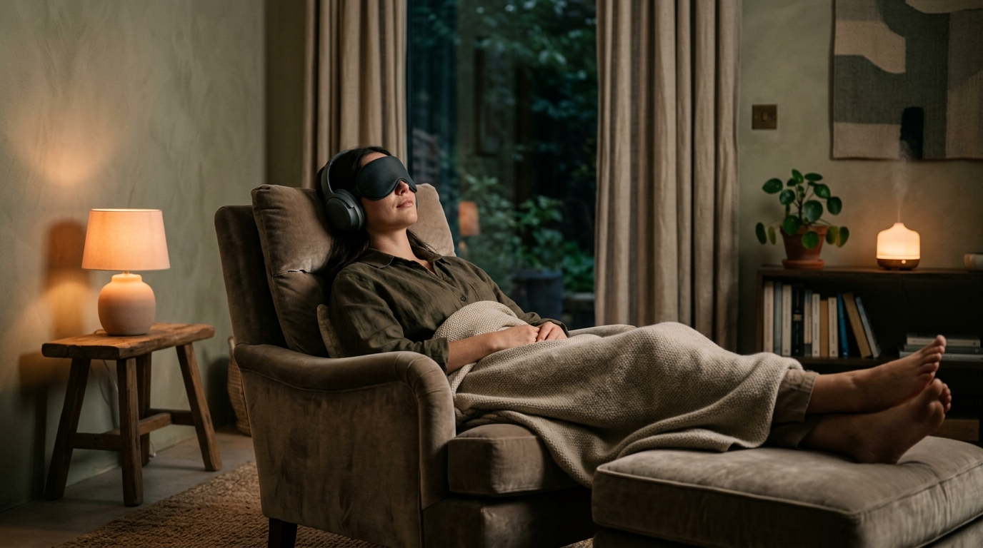 Person relaxing in a recliner with an eye mask and headphones during a ketamine therapy session in a calm dimly lit room