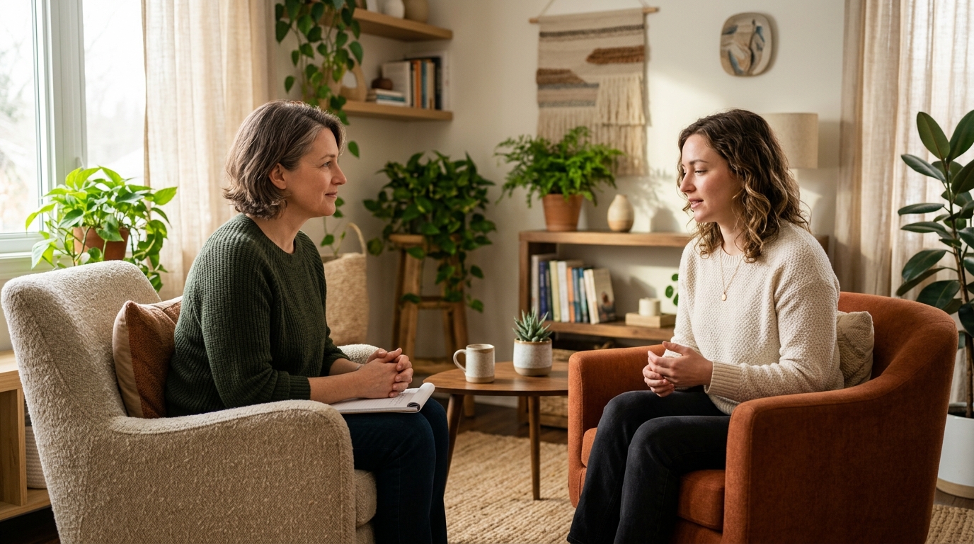 Therapist and client talking in a warm sunlit room during a ketamine integration therapy session