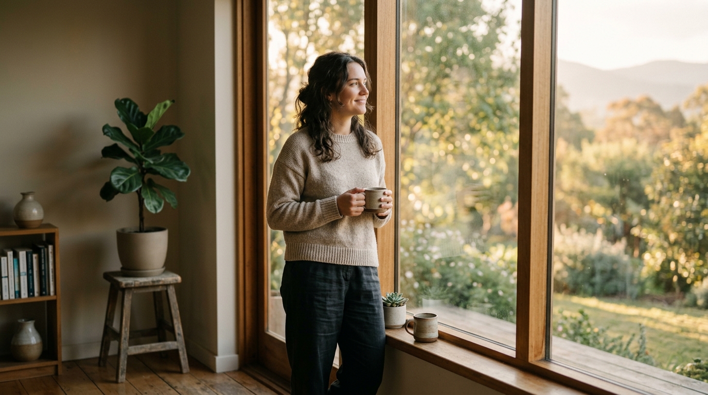 Calm person looking out a sunlit window with a peaceful expression reflecting lasting relief from ketamine therapy