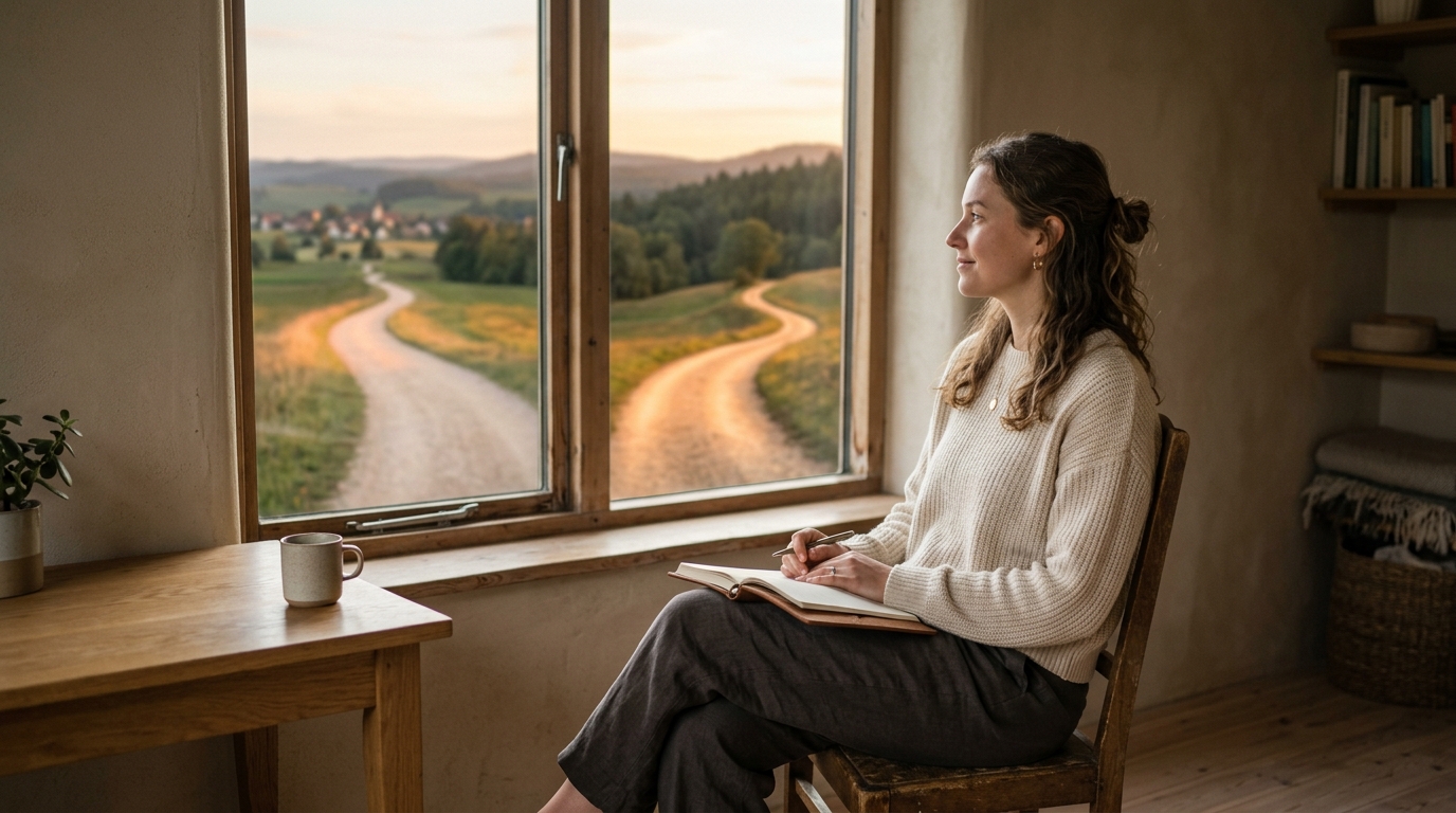 Thoughtful person reflecting on a choice between two PTSD treatment options in a calm sunlit room