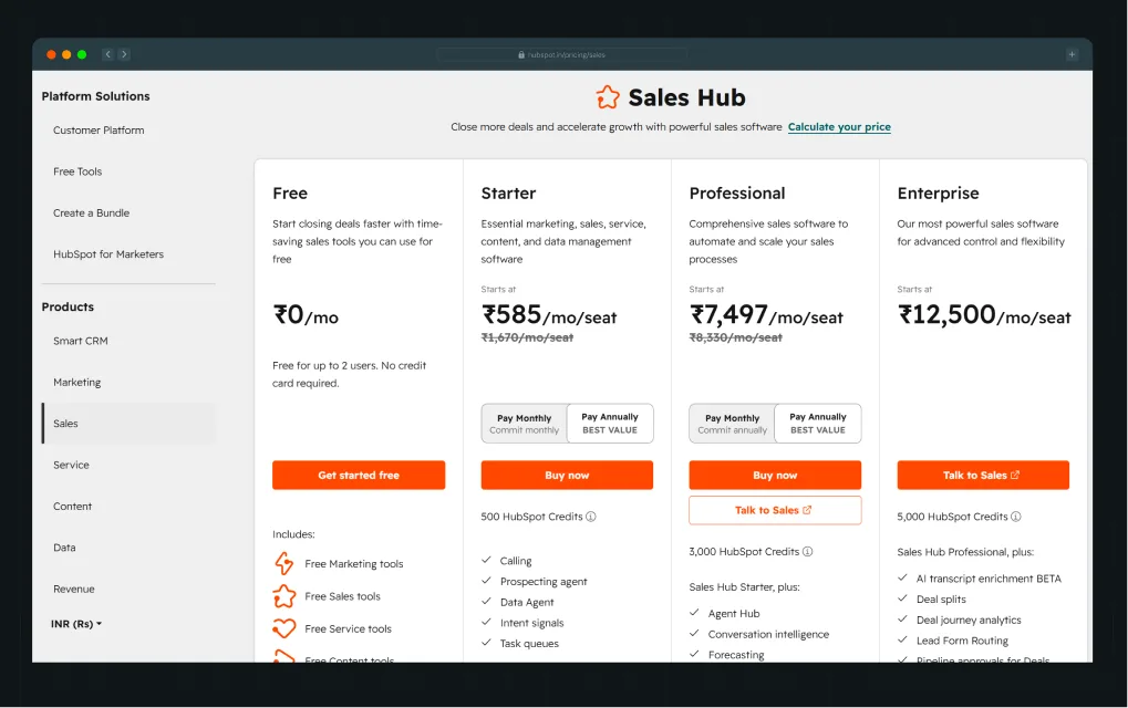 HubSpot pricing page