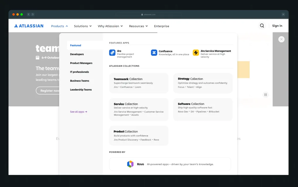 Illustration of Atlassian website products menu highlighting Atlassian Collections for Teamwork and Strategy alongside featured apps like Jira, Confluence, Jira Service Management, and Rovo