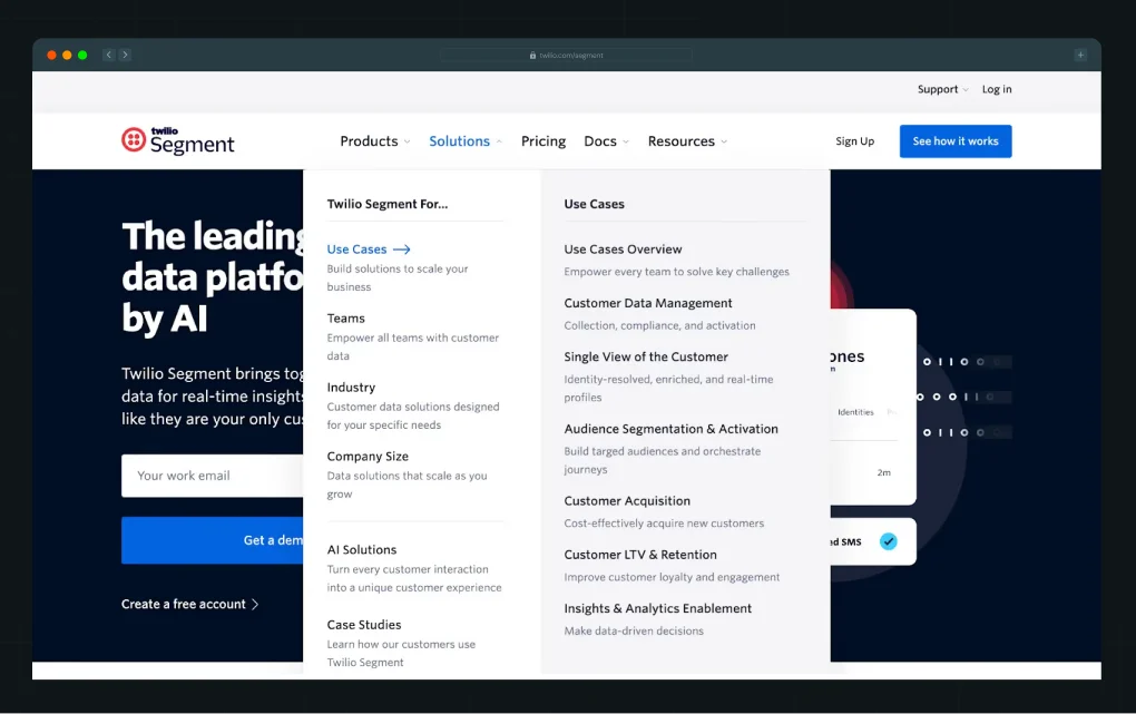 Illustration of Twilio Segment website solutions navigation menu showcasing use cases like customer data management, single view of the customer, and audience segmentation