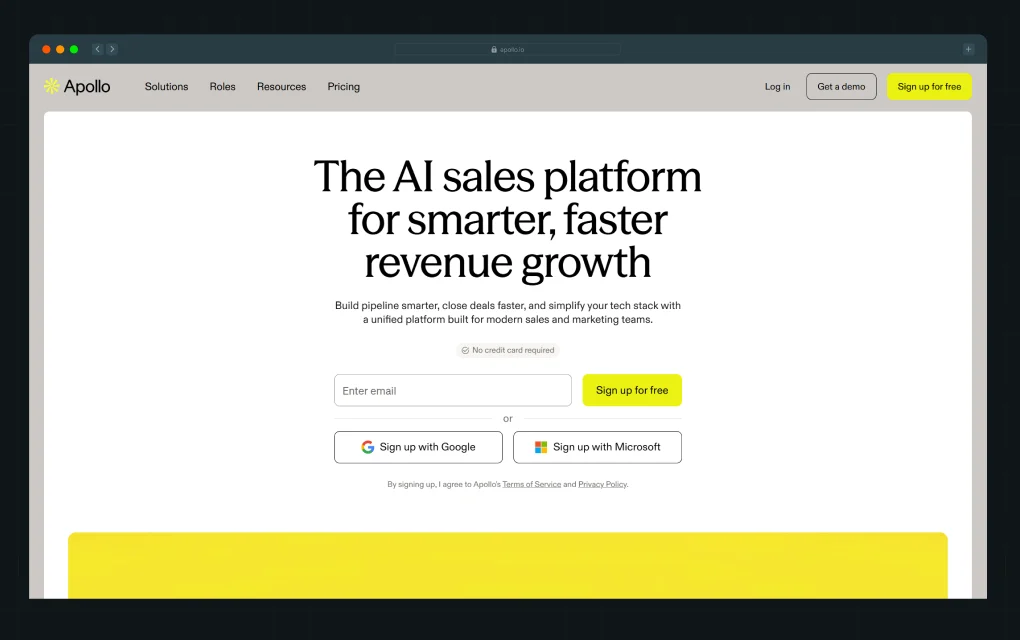 Illustration of Apollo homepage featuring a large headline reading ‘The AI sales platform for smarter, faster revenue growth’ and sign-up CTA options
