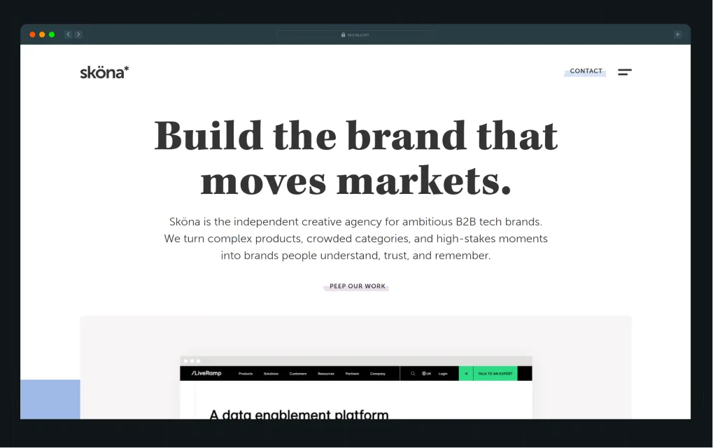  Illustration of Skona's homepage hero section describing itself as an independent creative agency for ambitious B2B tech brands