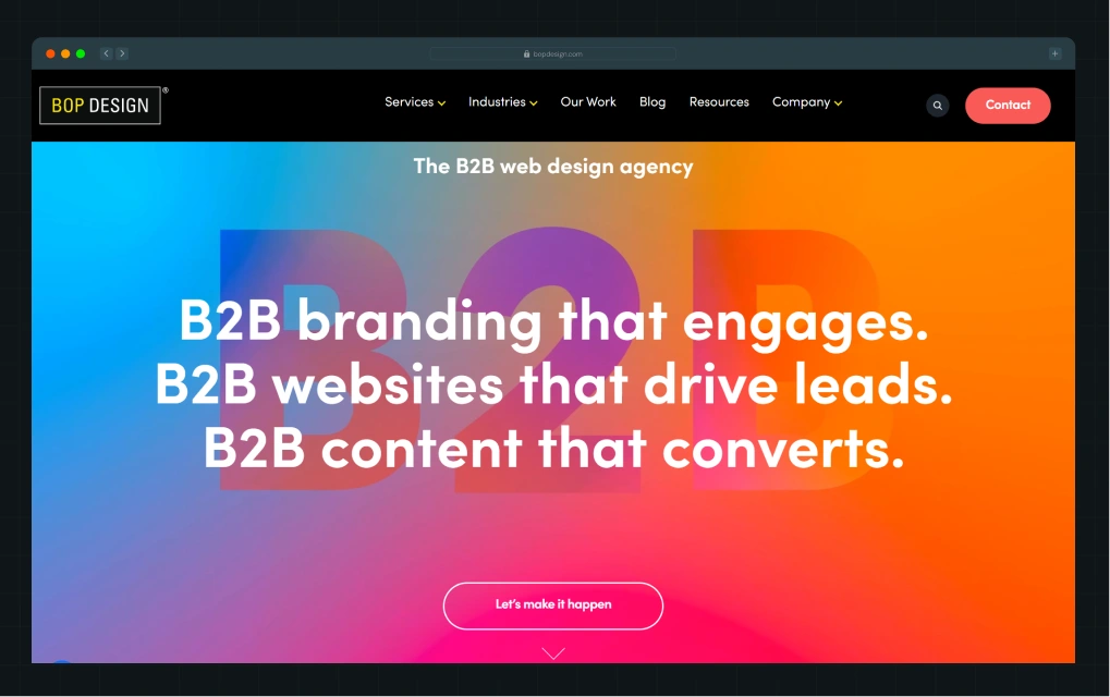 Illustration of Bop Design's homepage hero section with a colorful gradient background, a large watermark, and a CTA button
