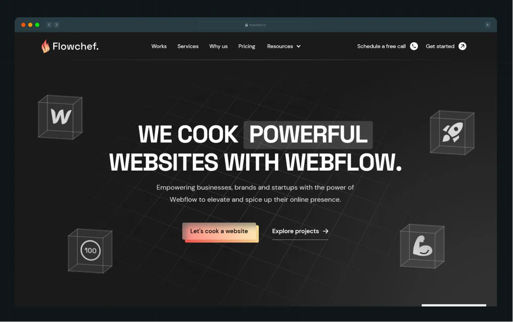 Illustration of Flowchef's homepage hero section with a headline, a Professional Partner badge, and CTA project buttons