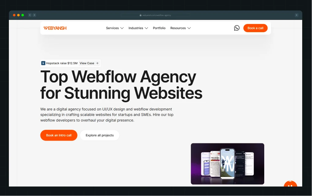 Illustration of Webyansh's homepage hero section with a Clutch rating badge, a CTA button, and portfolio thumbnails