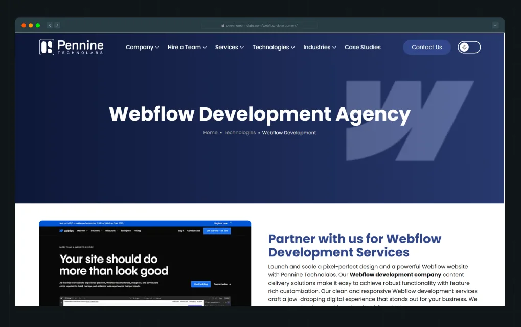  Illustration of Pennine Technolabs' homepage hero section with a dark blue background, scattered technology stack icons, and a CTA button
