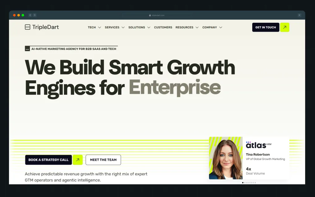 Illustration of TripleDart's homepage hero section with a tag, headline, and a client testimonial 