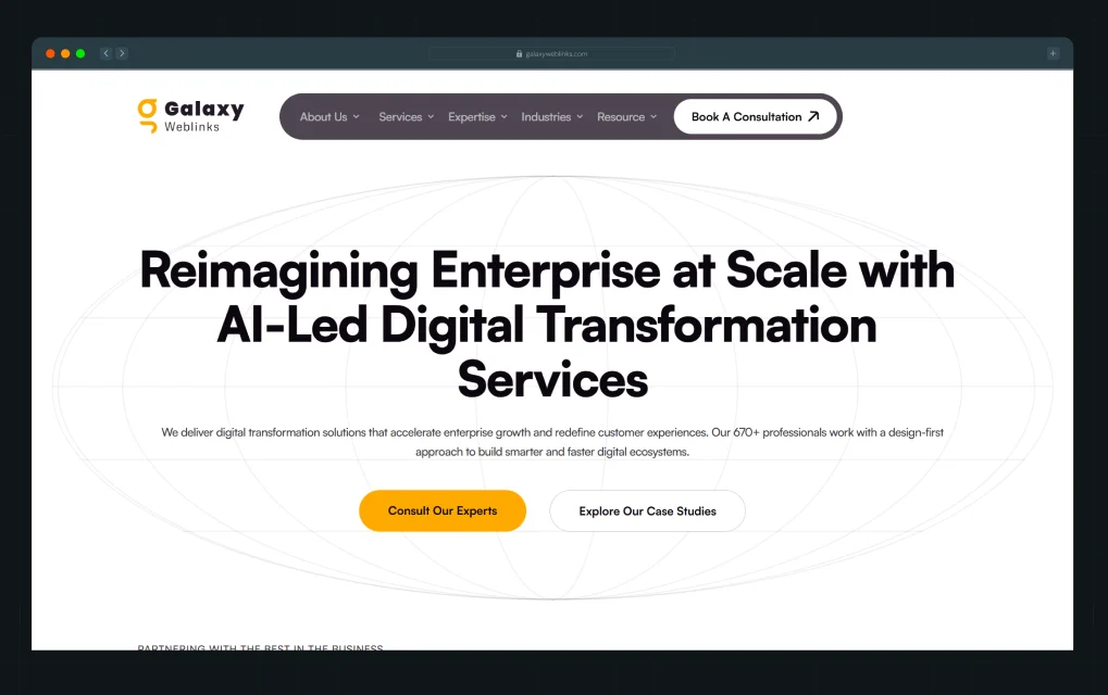 Illustration of Galaxy Weblinks' service page hero section with a navigation bar, a CTA button, and a black and white graphic of a person organizing brand assets