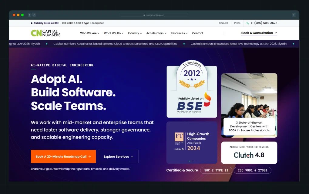 Illustration of Capital Numbers' homepage hero section with a BSE-listed badge, a Clutch Global 2026 badge, and a team photo showing their development center
