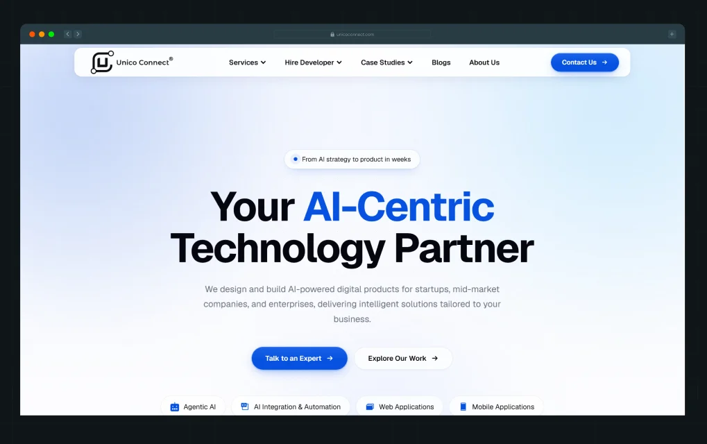 Illustration of Unico Connect's homepage hero section with a headline, a strategy tagline, and CTA buttons