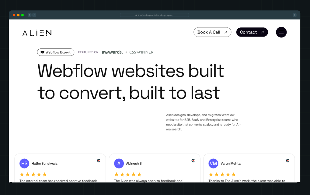 Illustration of The Alien Design's homepage hero section with a Webflow Expert badge, Awwwards and CSS Winner recognition, and Clutch review cards from named reviewers