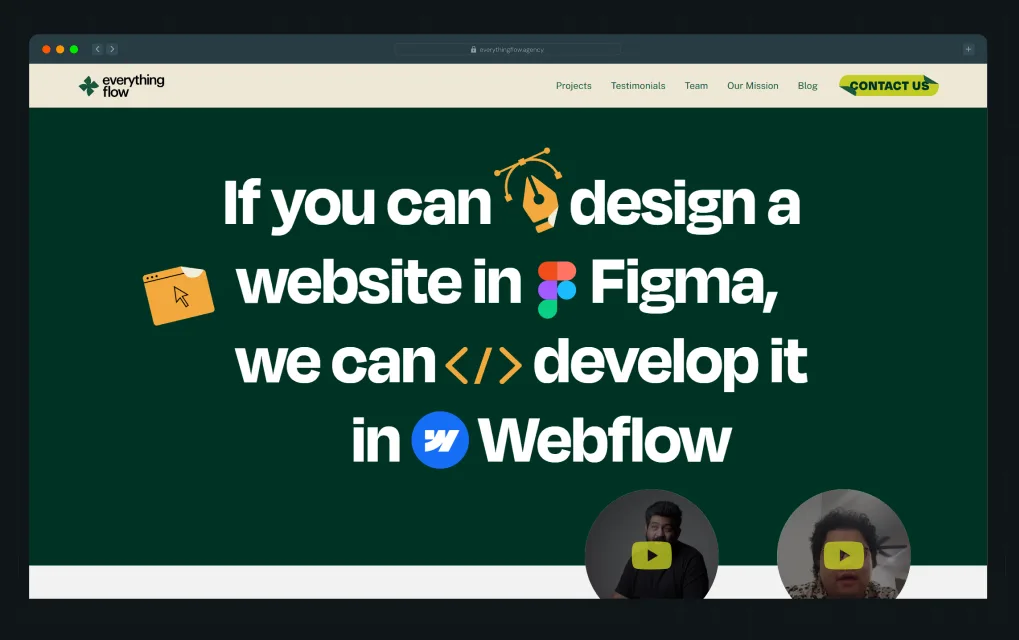 Illustration of Everything Flow's homepage hero section with a dark green background, icon graphics for Figma, code, and Webflow, and a Premium Partner badge in the corner