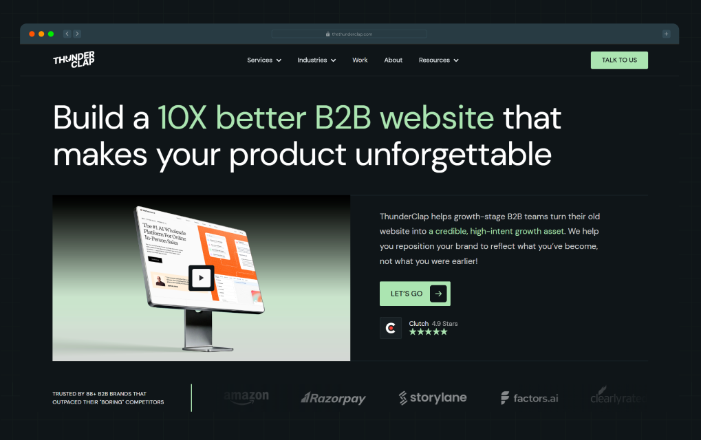 Illustration of ThunderClap's homepage hero section with a Clutch rating and client logos including Amazon, Razorpay, and Storylane.
