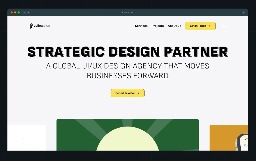 Illustration of Yellow Slice's homepage hero section with the headline "Strategic Design Partner" and the tagline "A global UI/UX design agency that moves businesses forward"
