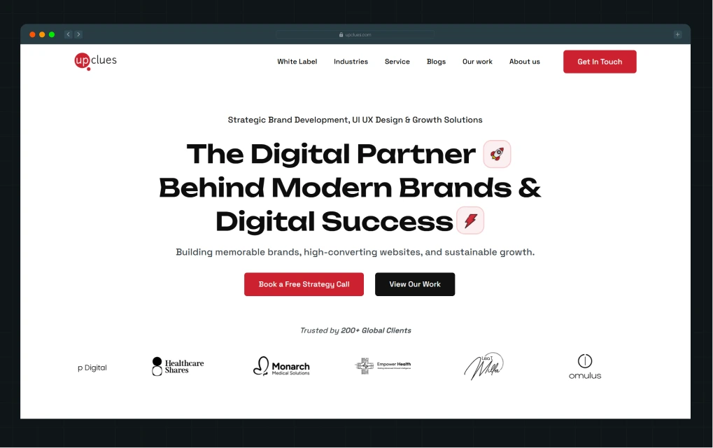 Illustration of Upclues' homepage hero section with its headline and tagline, plus a client logo strip showing it's trusted by 200+ global clients