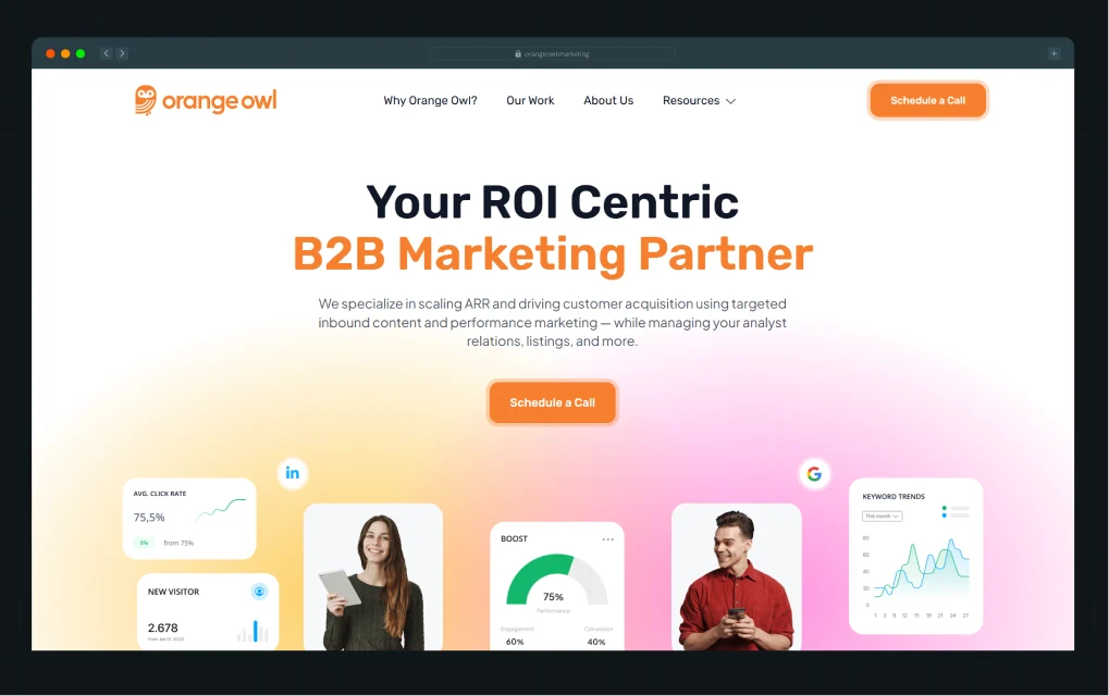Illustration of Orange Owl Marketing's homepage hero section with its headline and marketing performance graphics showing click rate and keyword trend metrics