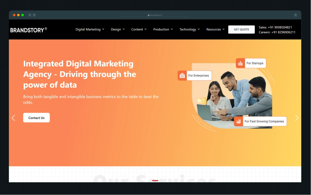 Illustration of BrandStory's homepage hero section with its headline, tagline, and a photo of a team collaborating, tagged for startups, enterprises, and fast-growing companies