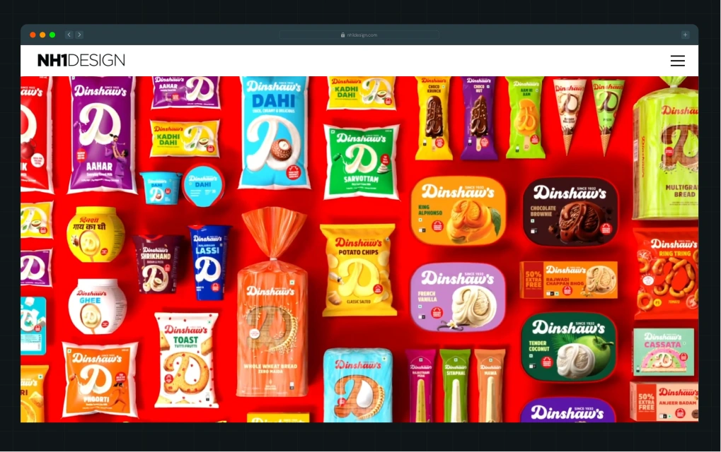 Illustration of NH1 Design's homepage hero section for its PharmEasy case study, featuring a character graphic and the project headline "Redesigning an omni-channel brand experience"