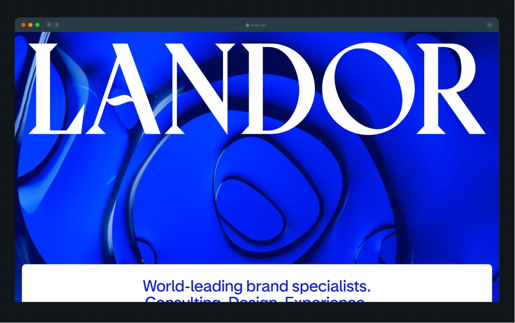 Illustration of Landor's homepage hero section with a large stylized "LANDOR" wordmark over a blue abstract background and the tagline "World-leading brand specialists"