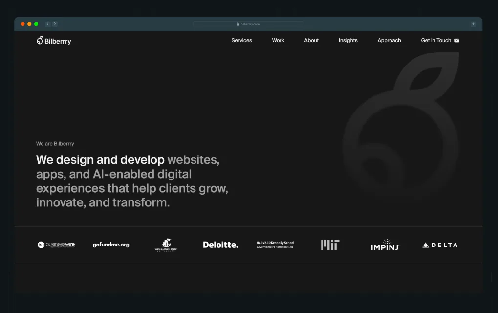Illustration of the Bilberry website homepage with a dark background, navigation menu, headline about designing websites, apps, and AI-enabled digital experiences, and client logos including Deloitte, MIT, and Delta.