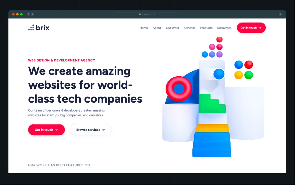 Illustration of Brix agency homepage with a large headline, supporting text, and colorful 3D geometric shapes.
