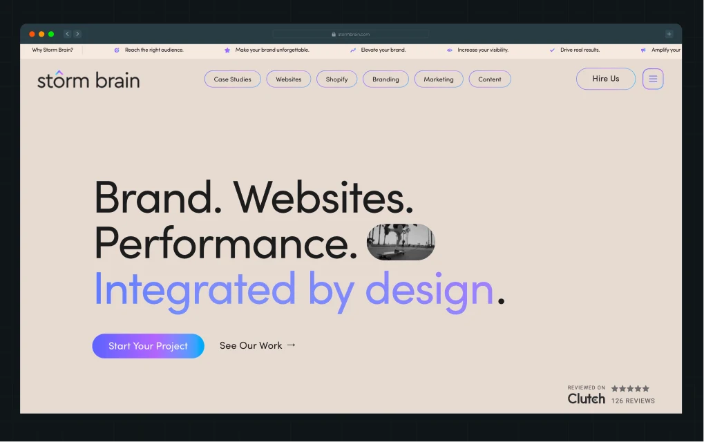 Illustration of Storm Brain homepage featuring a bold headline with pill-shaped navigation tags and a CTA button.