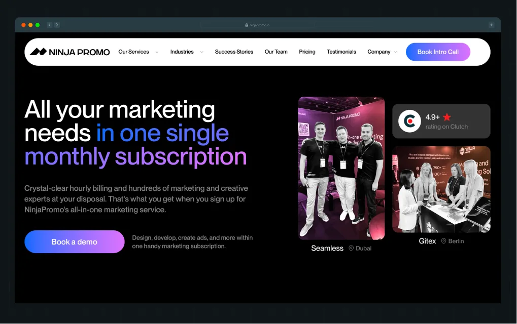 Illustration of Ninja Promo homepage featuring a bold headline alongside team photos, Clutch rating, and a call to action button