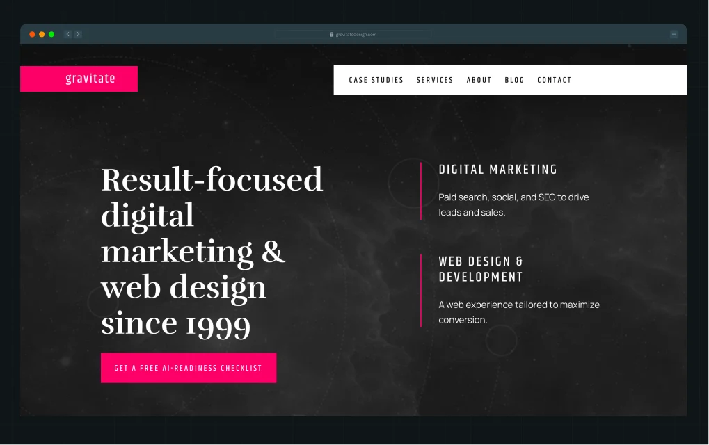  Illustration of Gravitate homepage with a "Result-focused digital marketing & web design since 1999" headline and a "Get a Free AI-Readiness Checklist" call-to-action button.