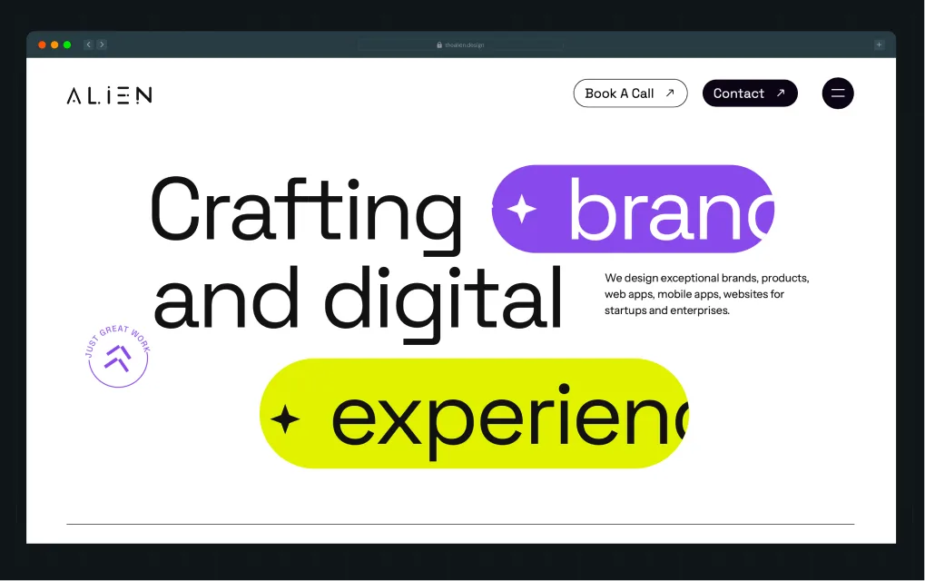 Illustration of Alien Design's homepage with a bold headline in purple and yellow highlight blocks, alongside a "Just Great Work" badge.