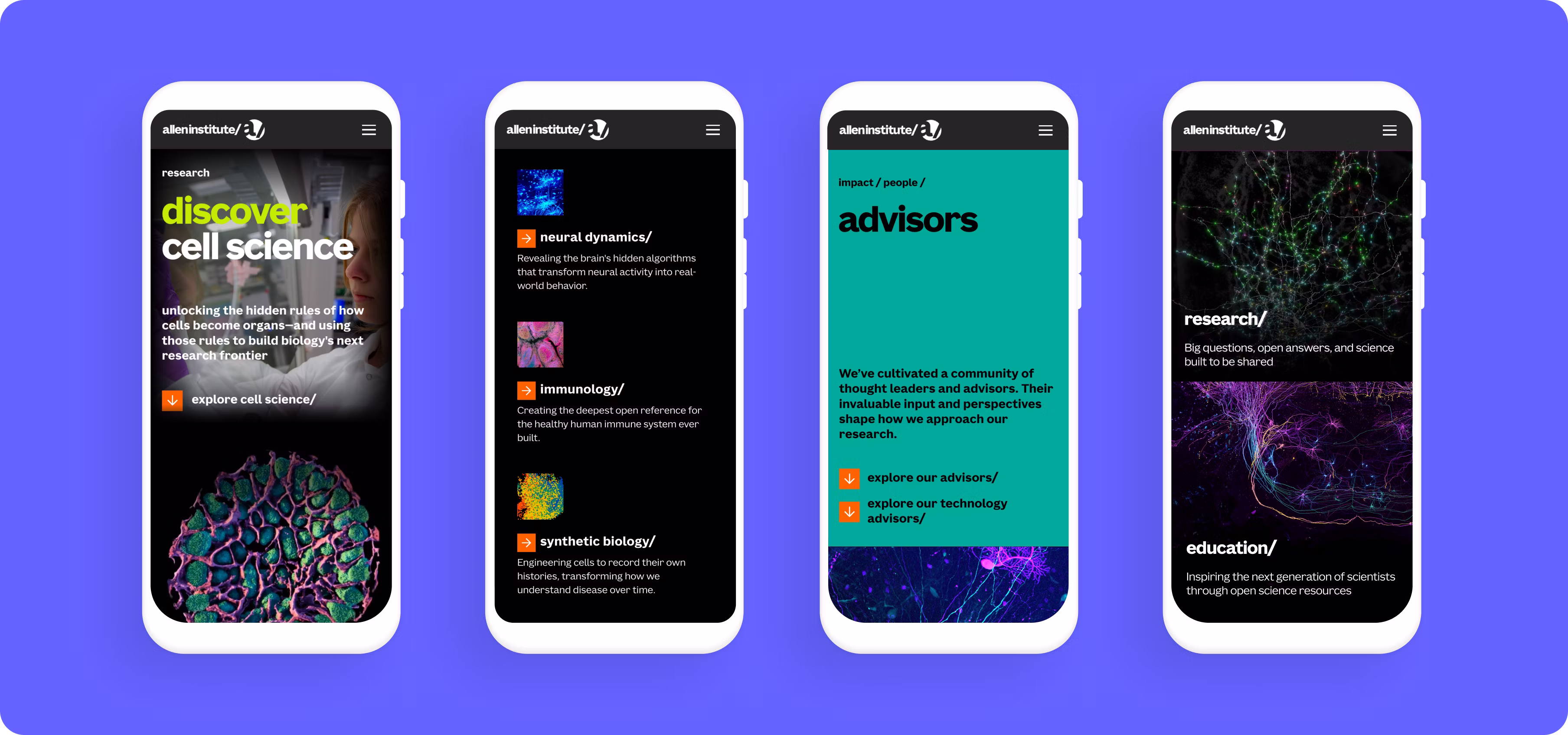 Four mobile website designs highlighting the range of visuals from the alleninstitute.org website redesign.