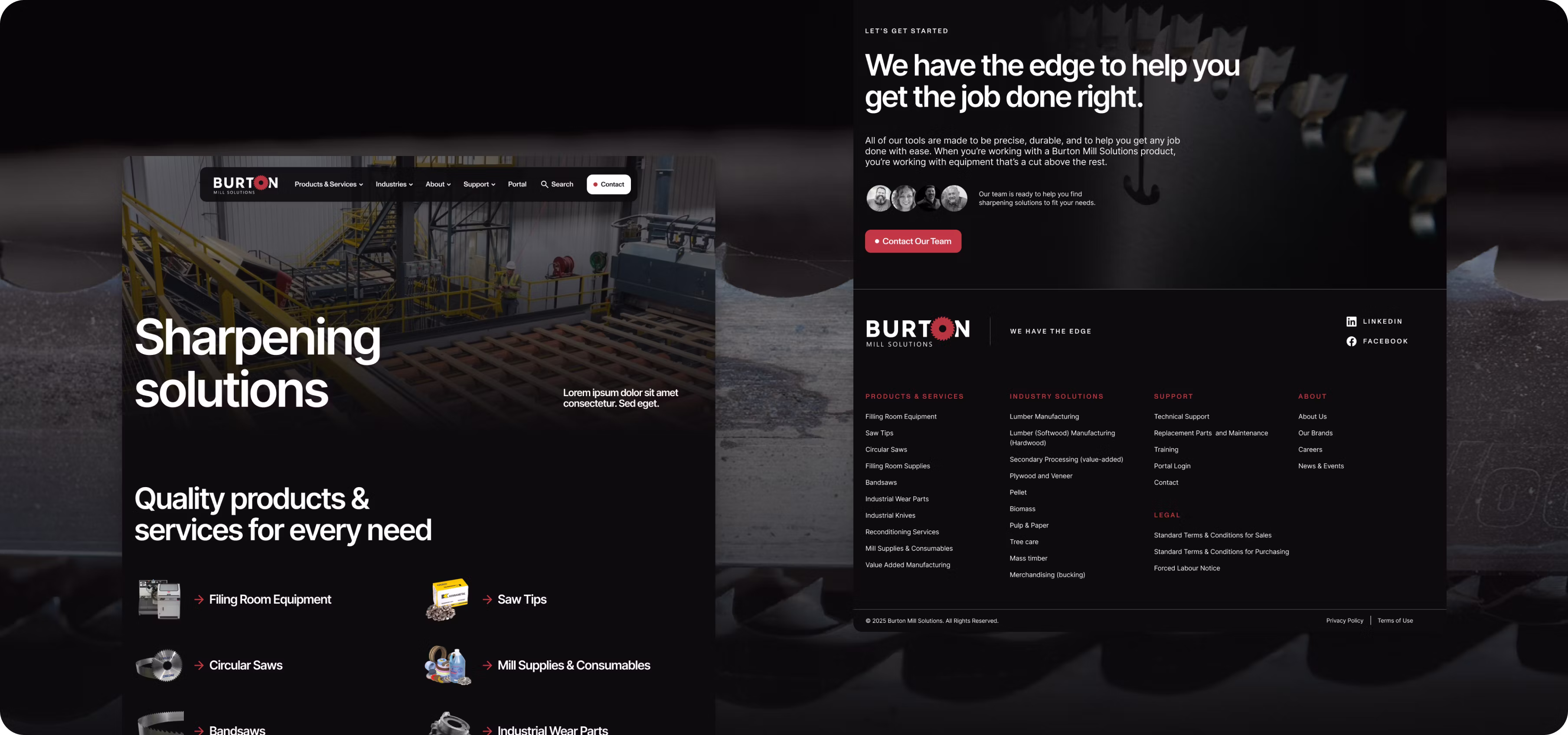 A side by side image of Burton Mill Solutions website home page on a dark, abstract, industrial background