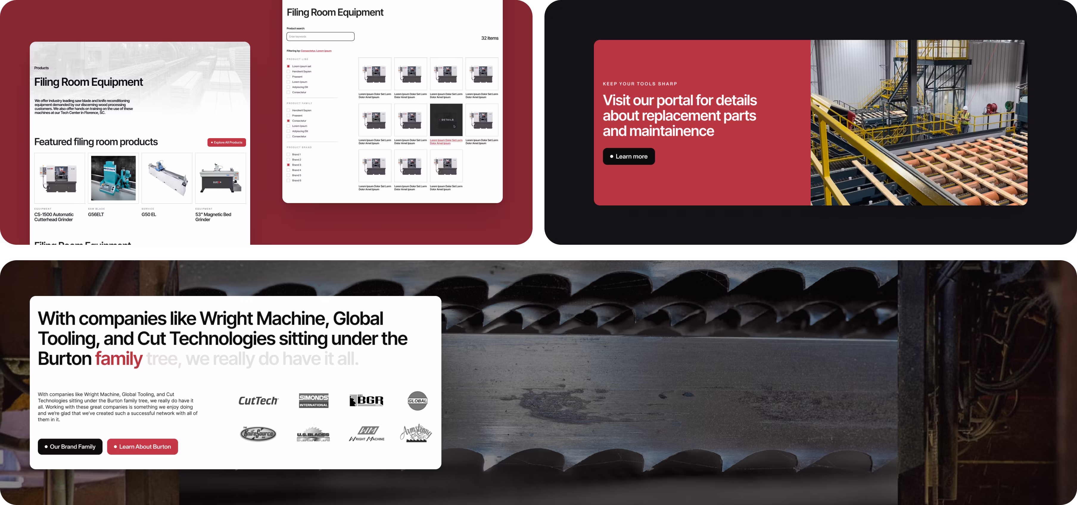 Three images of Burton Mill Solution's website, demonstrating the information architecture of the website and brands in their portfolio.