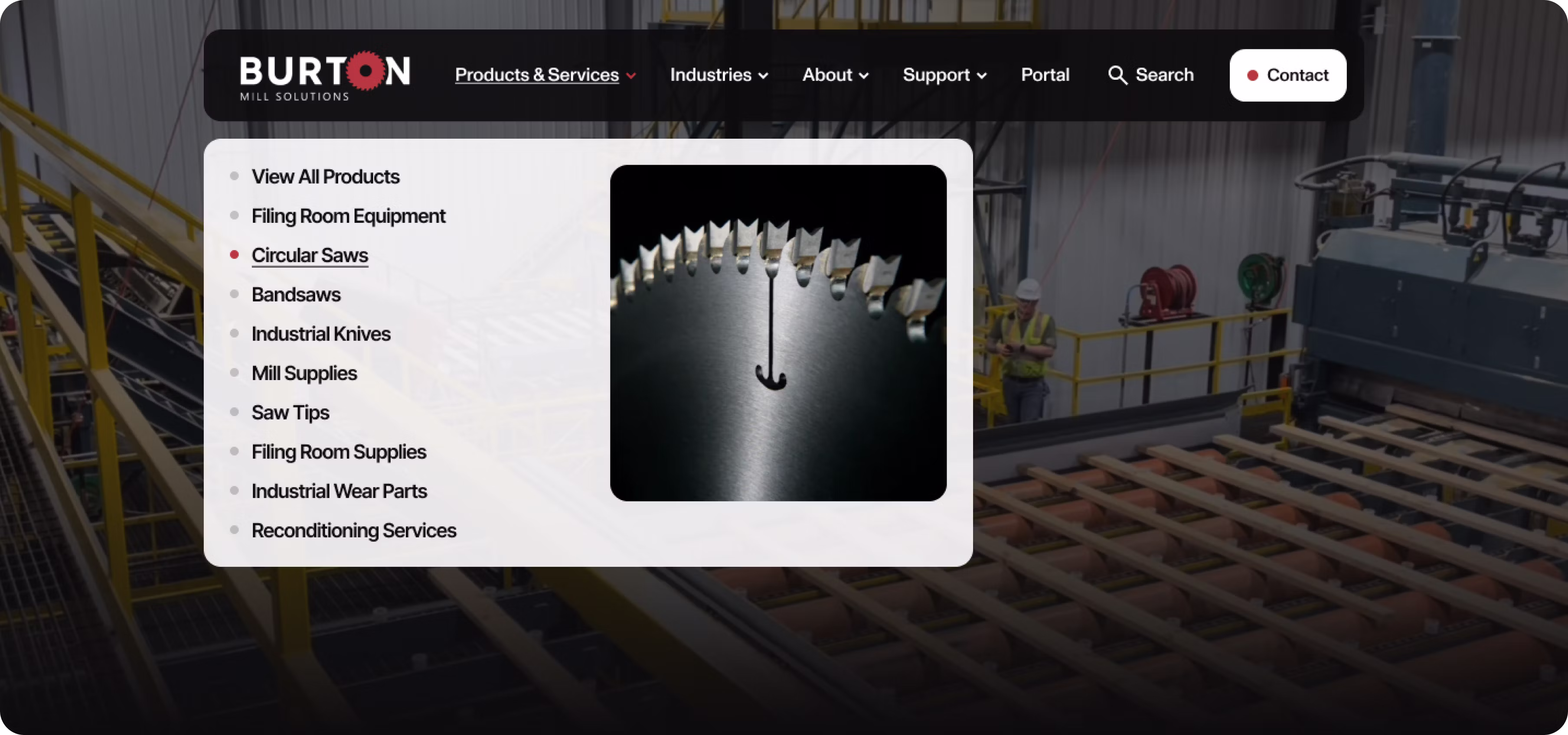A detailed image of Burton Mill Solution's drop down navigation highlighting their products.