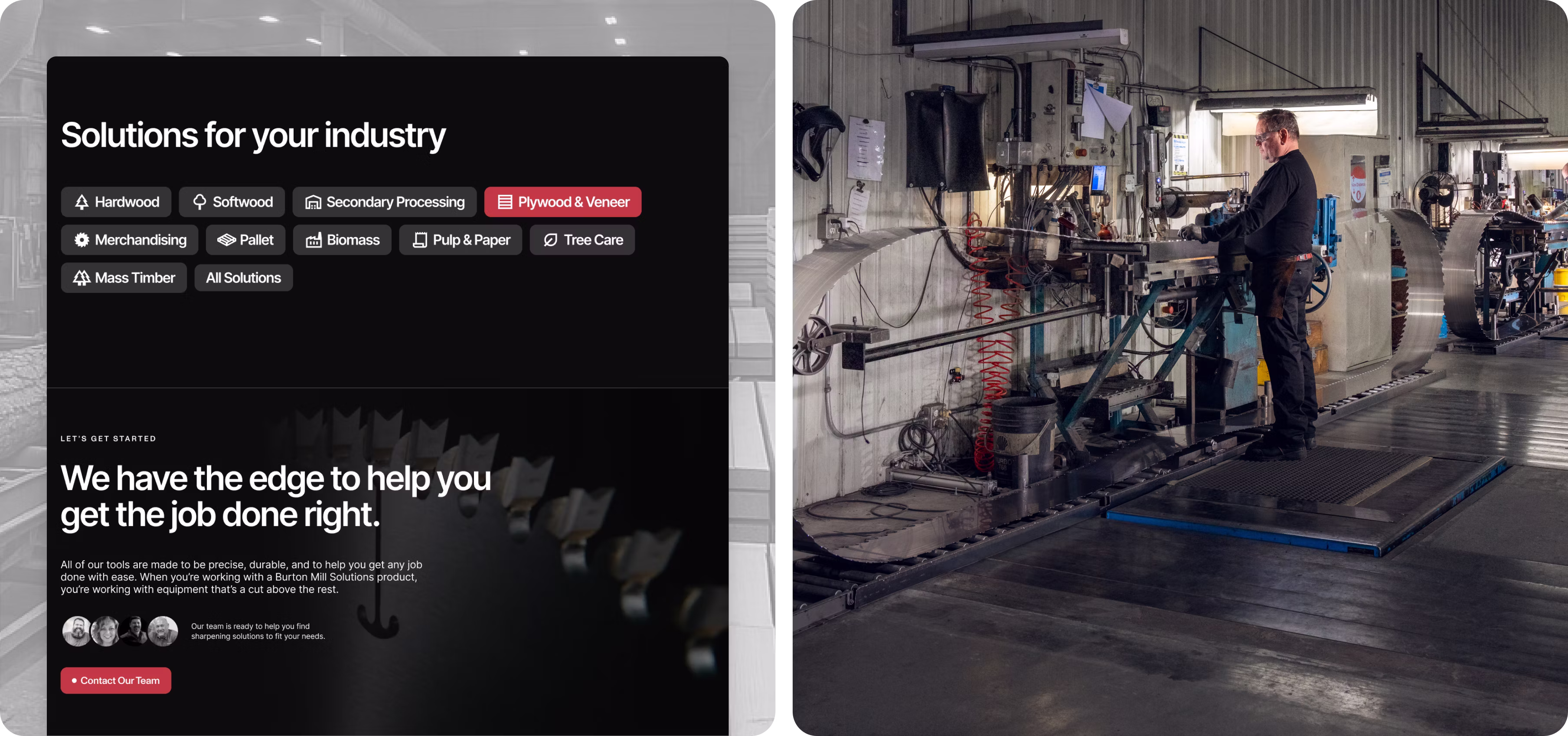 A side by side image of Burton Mill Solutions website showing solutions for specific industries and a person working on one of their products.