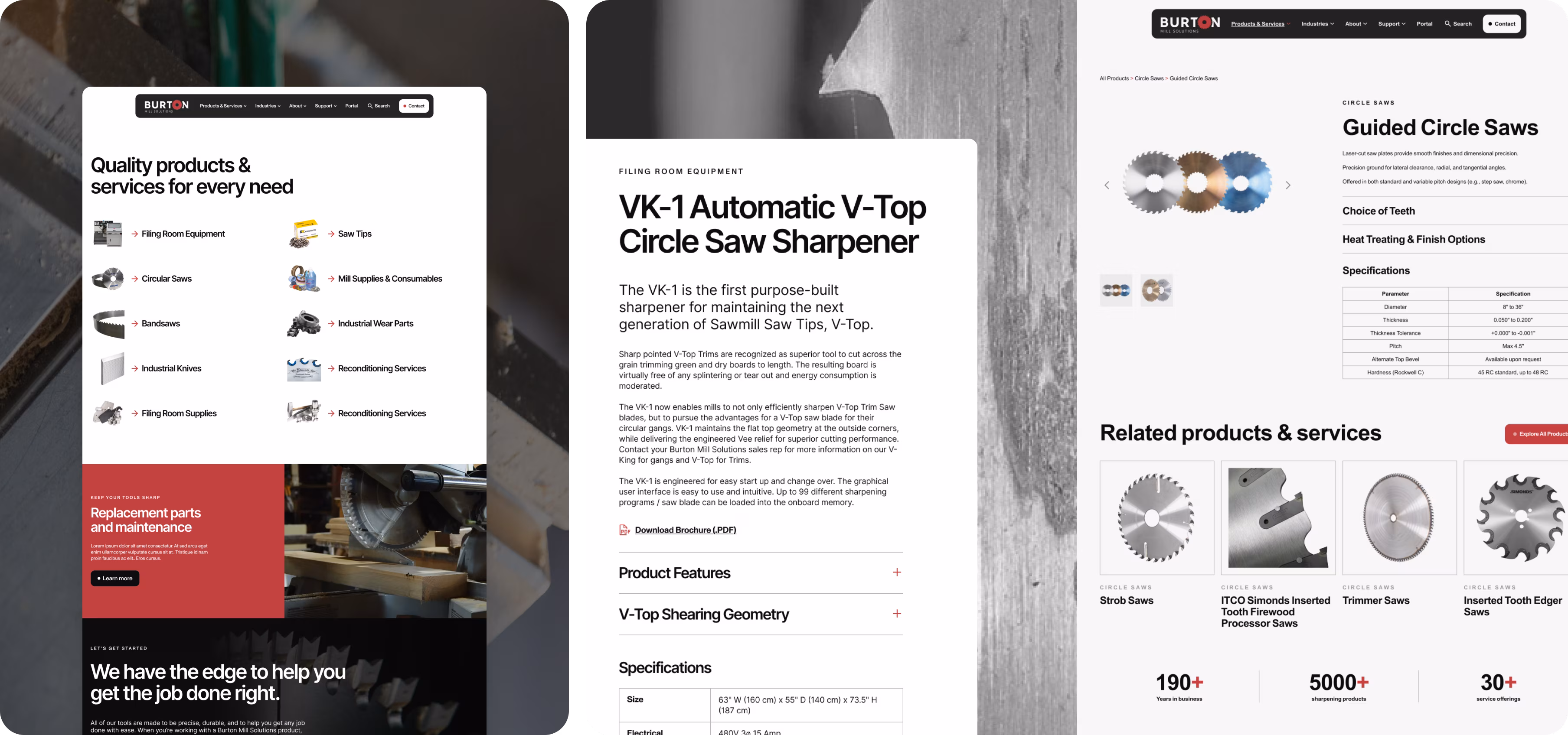 A side by side image of Burton Mill Solutions product web page and website detail page, demonstrating the range of products they offer.