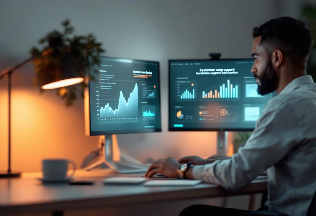 Customer service team analyzing data and AI integration