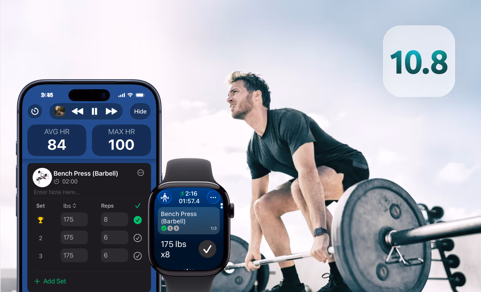 Weightlifting tracking interface on Apple Watch showing reps and sets