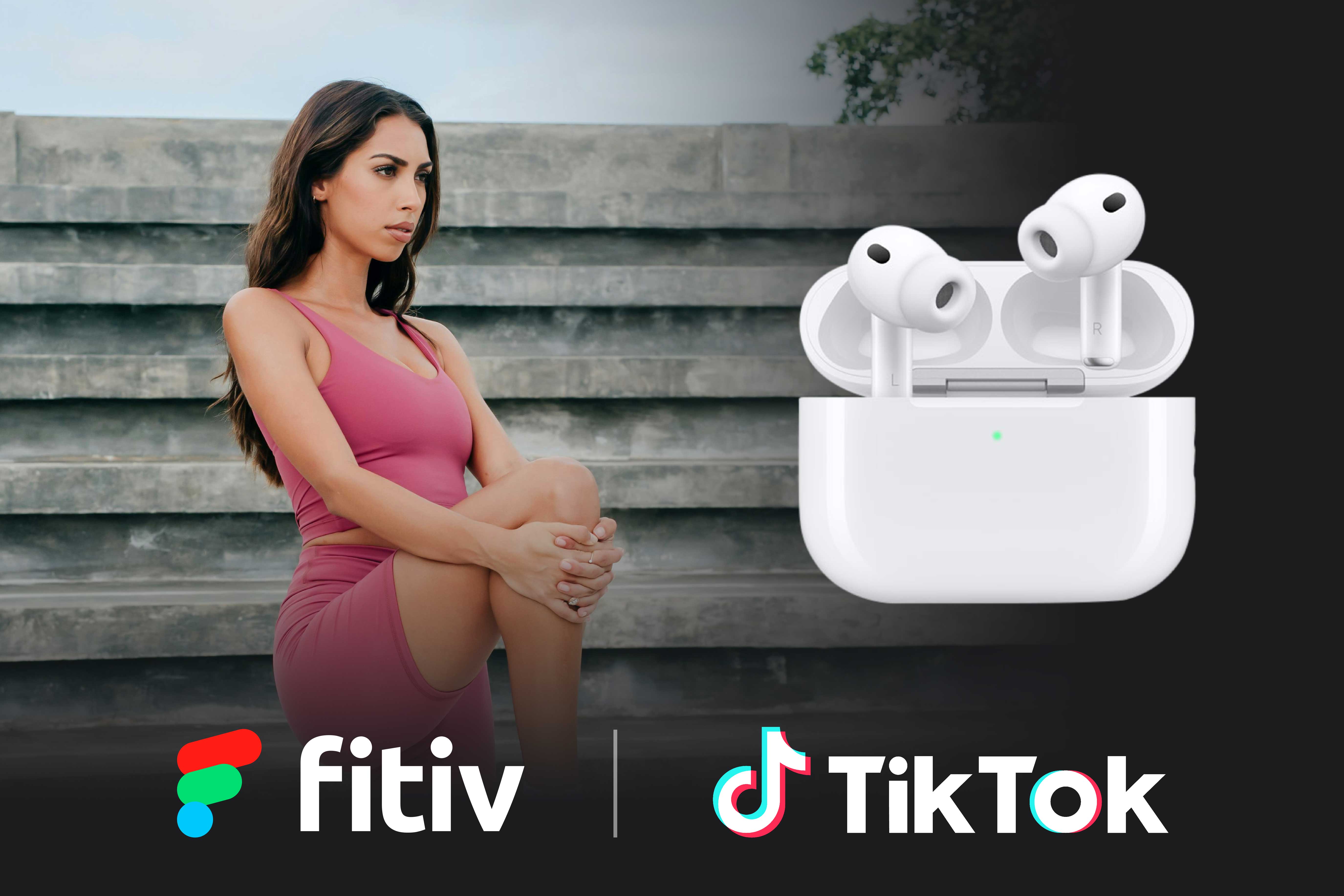 Woman stretching on the left with an image of AirPods on the right.