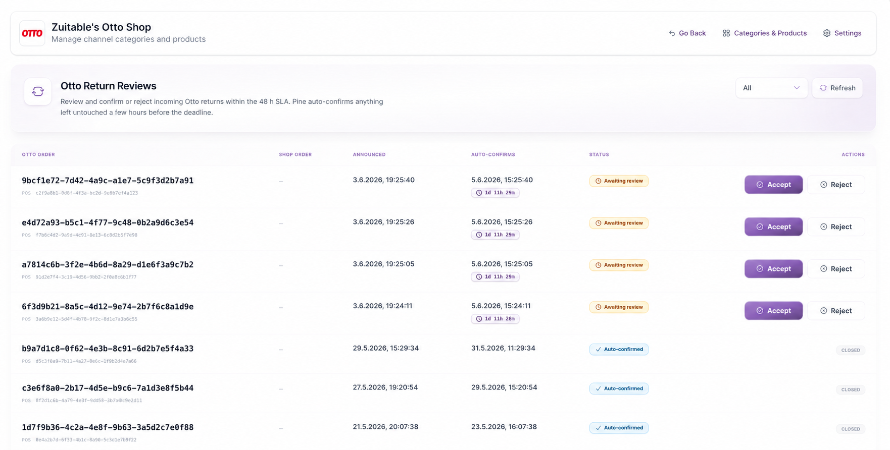 Hello Pine Dashboard mit Otto Return Reviews und Live-Countdown