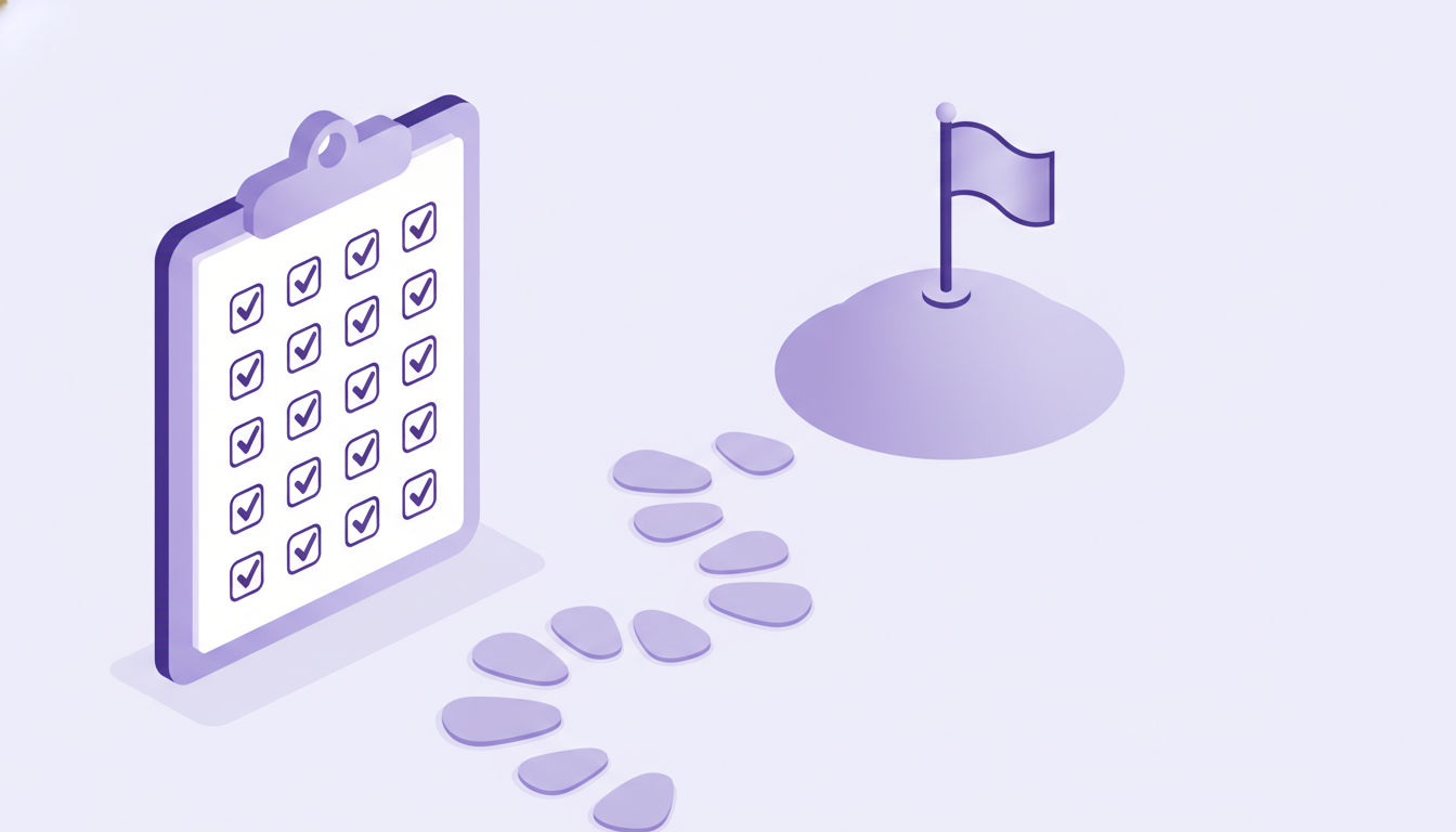 Checkliste mit zehn Schritten und Trittsteine-Pfad zur Ziel-Flagge — das Hello-Pine-Shopware-Onboarding in 10 Schritten