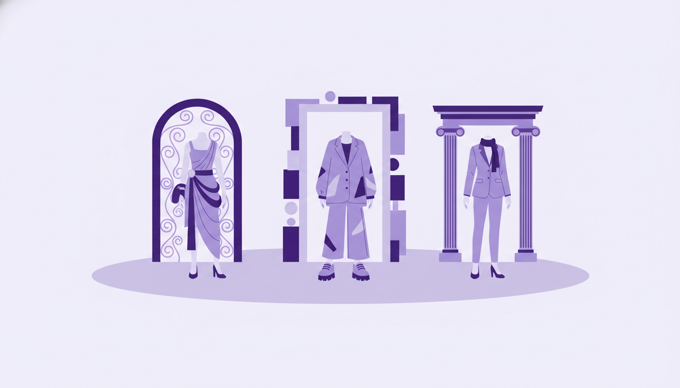 Drei unterschiedlich gekleidete Schaufensterfiguren vor drei verschiedenen Türen — jede Fashion-Plattform hat ihr eigenes Käufer-Profil