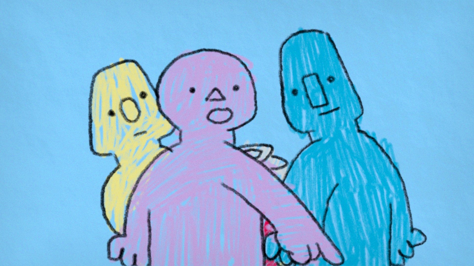 Three people looking at something offscreen that one is pointing at